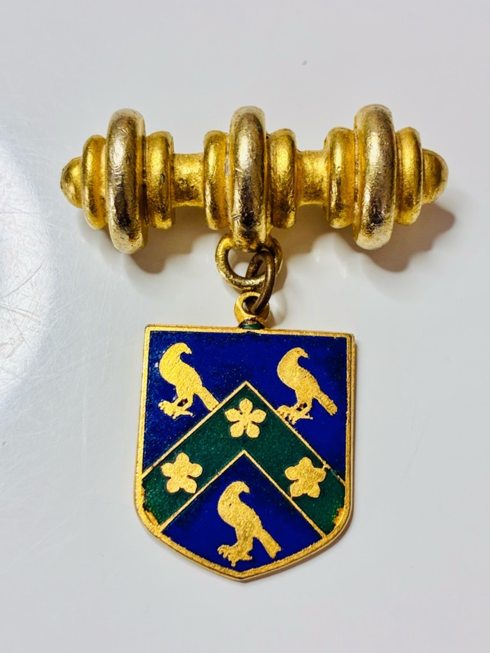 Gold Tone Shield Charm Bar Brooch Blue & Green Enamel Crest Birds Floral EUC